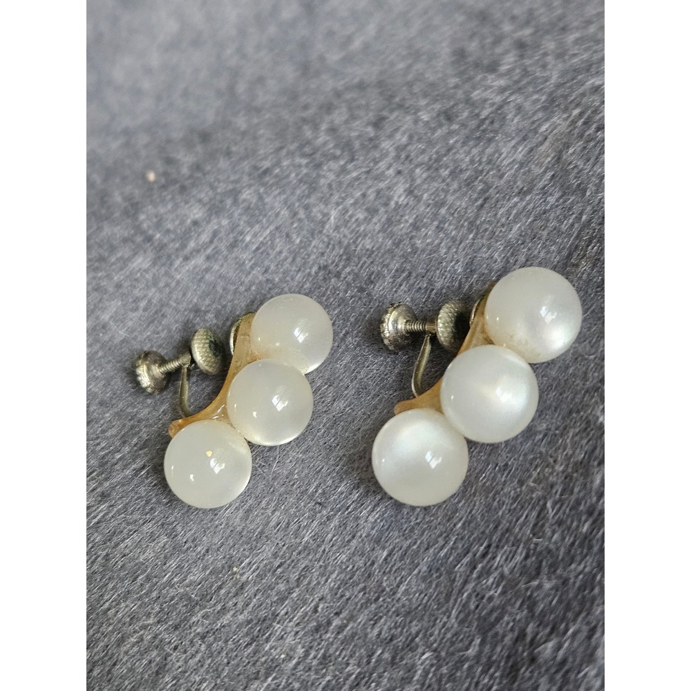 Vintage Faux Moonstone Triple Orb Screw Back Climber Earrings Gold Tone Retro